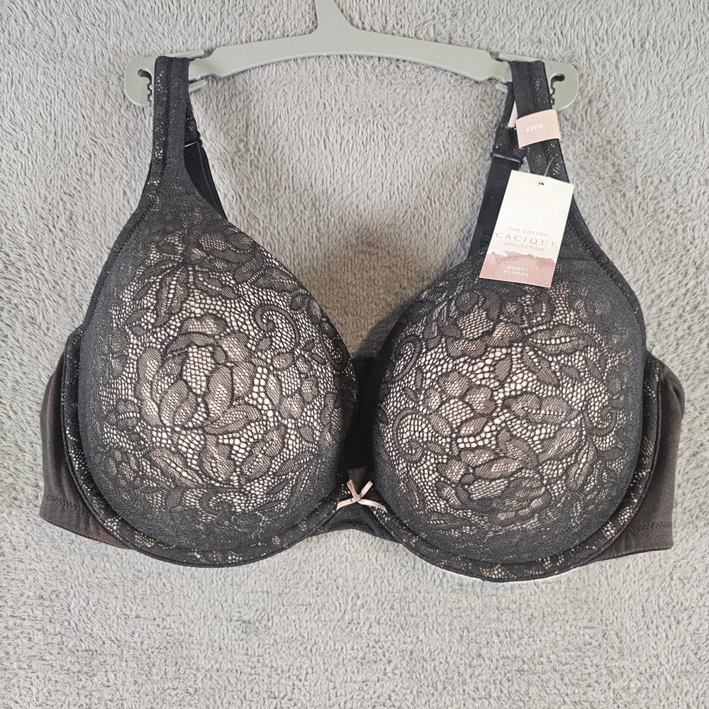 Cacique Boost Plunge Bra Black Floral Lace Cotton Collection 42DD NEW